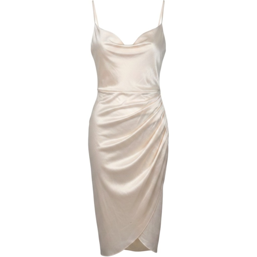 HTZMO Women Champagne Satin Cowl Neck Ruched Midi Slip Dress SUM4640A Size S